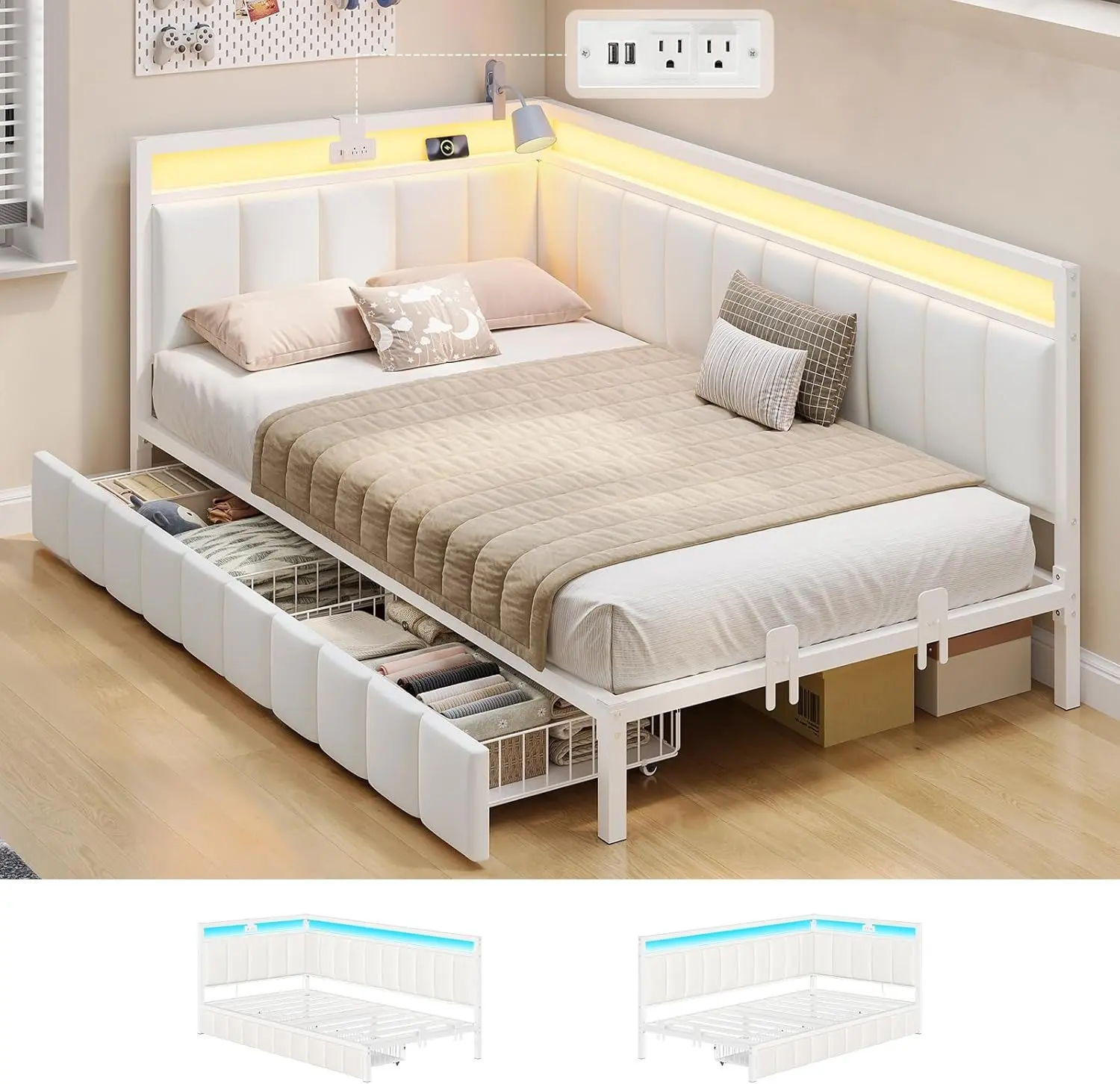 Sikaic Corner Bed Frame with Storage Drawers, Daybed with Linen Fabric Upholstered Fence, Kids Bed Unit with LED Light and Charging Station, Modern Bed Frame, Beige Platform Bed White Romantic Bed Summerwins