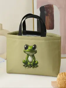Women's Casual Frog Pattern Handbag Lunch Bag, Portable Picnic Food Beverage Bag, Large Capacity Camping Student Meal Delivery Bag