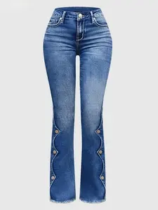 Women's High Waist Flare Jeans - Dark Wash Bootcut Denim Pants with Button Slit Hem & Raw Frayed Edge, Casual Streetwear Bell Bottom Trousers