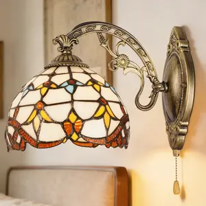 7.9 Inch Tiffany Style Stained Glass Wall Sconce, Antique Bronze Wrought Iron Frame, E26 Base, Pull Chain & Wall Switch Control for Bedroom Hallway Living Room Dining Room