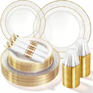 350PCS Clear Plastic Plates with Gold Stone Texture Rim for 50 Guests, Includes 100Pcs Plates, 50Pre Rolled Napkins with Silverware and 50 Cups Disposable Dinnerware Set for Wedding Party