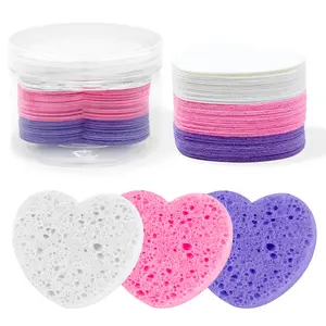 60 Canned Compressed Face Sponges for Beauticians, Heart-Shaped Natural Cellulose Sponges, Facial Cleansing, Massage, Mask, Makeup Remover