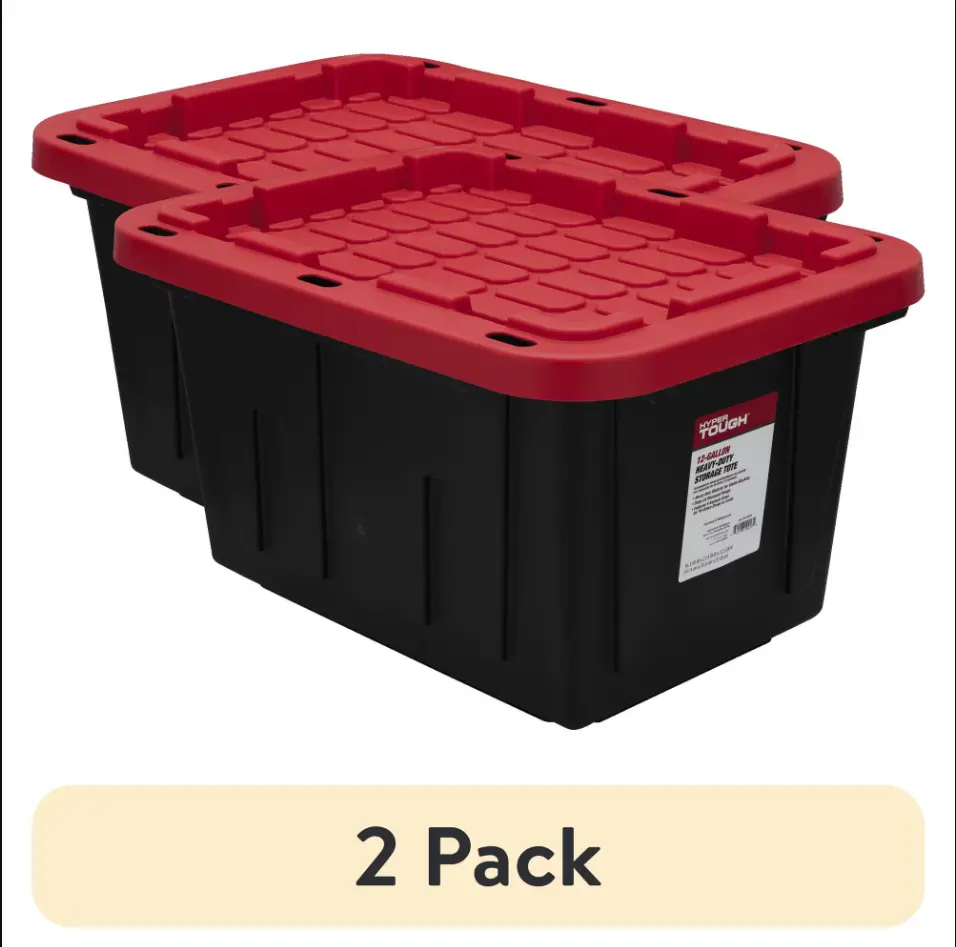 2-Pack 12-Gallon Heavy-Duty Plastic Storage Bins with Snap-On Lids, Black Bases and Red Lids for Home and Garage Organization