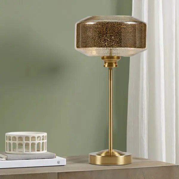 17 Inch Gold Mercury Glass Table Lamp with Glass Shade, Compact Accent Light for End Tables, Nightstands, and Desks, Modern Glam Decor for Living Room, Bedroom, or Entryway