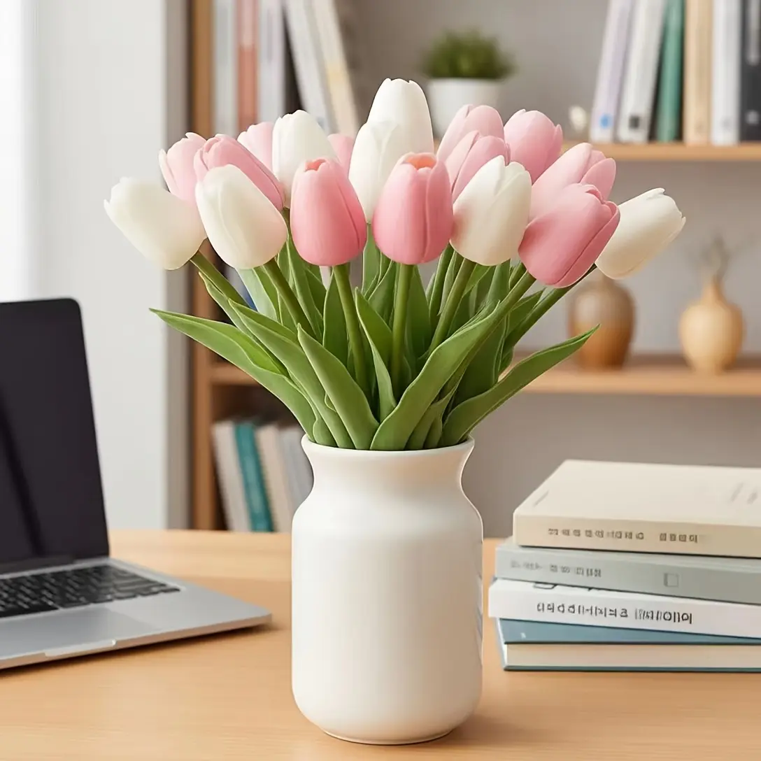 Glam 12-Piece PU Material Plain Fragrance Tulip Bouquet Set - Bright Pink & White Flowers with Green Leaves, Realistic Touch, for Home Decor, Weddings, Valentine’s Day Decorations