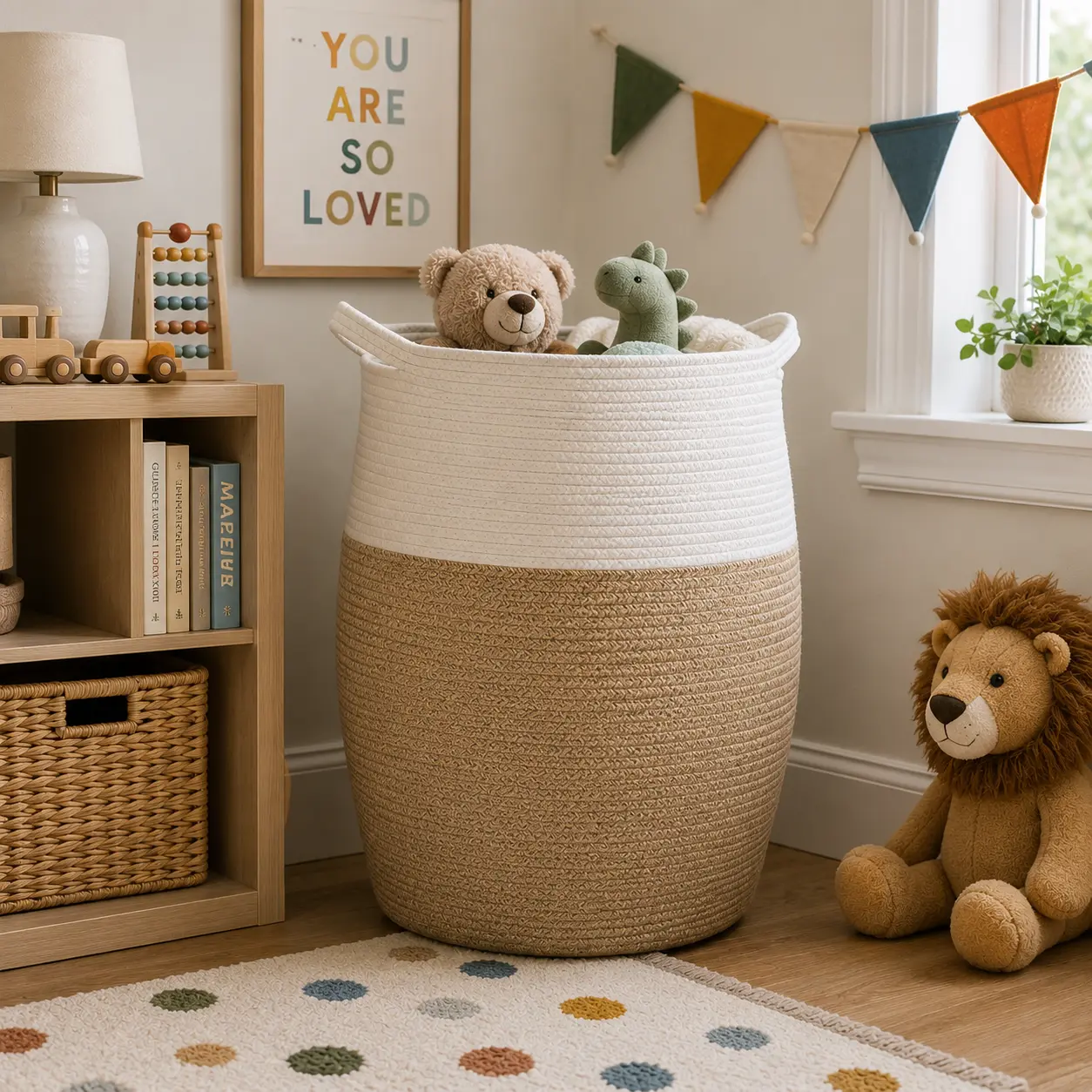 Extra Large Boho Cotton Storage Rope Basket, White Beige Woven Hamper (19" x 26")