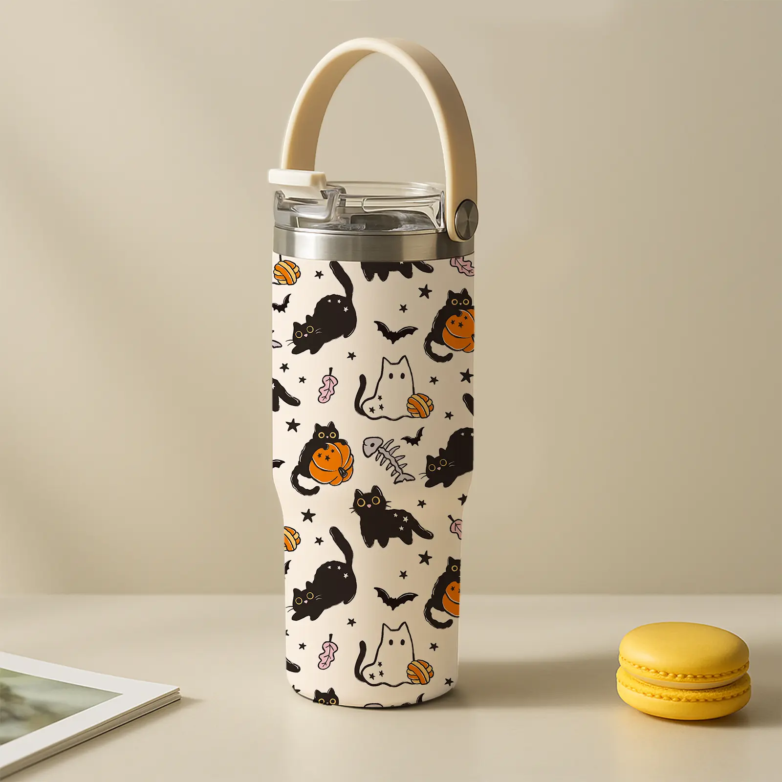 1 Pc 30oz skinny insulated mug, double wall thermal cup, Double Wall Drinkware, Halloween cat and bat pattern, leak-proof lid, hot cold drinks tumbler, fall aesthetic mug for women men, gift for spooky season, keeps warm 12h cold 24h, Vacuum Flasks