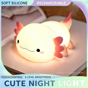 Kawaii Axolotl Silicone Night Light - Dimmable Rechargeable Squishy Touch Lamp, Nursery/Baby Room Decor, Pink Novelty Bedside Light for Kids