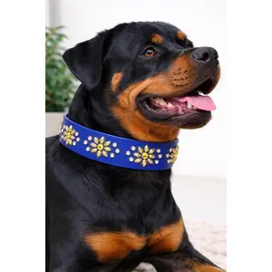 Royal Blue Luxury Dog Collar 17.5–19.5” | 1.5” Wide Waterproof Biothane | Solid Brass & Crystal Floral Studded