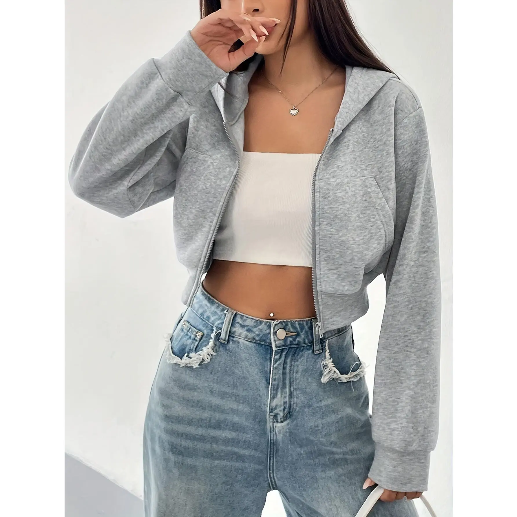 Women's Casual Solid Color Zip-Up Hoodie, Cropped Plush-Lined Fall Winter Sweatshirt with Kangaroo Pocket, Tops