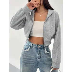 Women's Solid Color Zip-Up Hoodie, Cropped Long Sleeve Casual Sports Jacket, Fall/Winter Plush-Lined Thickened Kangaroo Pocket Sweatshirt