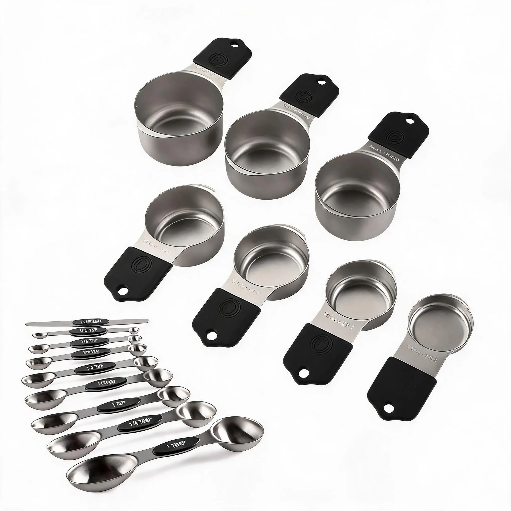 16-Piece Magnetic Measuring Cups and Spoons Set – Superior 304 Stainless Steel – Dual Engraved Markings – Black Anti-Slip Handles – Nesting, Dishwasher Safe, Leveler Included