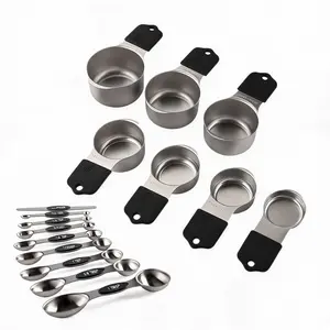 16-Piece Magnetic Measuring Cups and Spoons Set – Superior 304 Stainless Steel – Dual Engraved Markings – Black Anti-Slip Handles – Nesting, Dishwasher Safe, Leveler Included