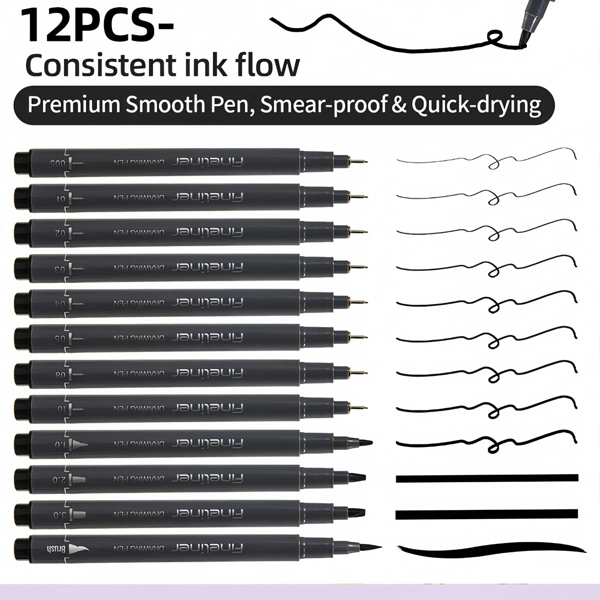 12pcs black sketching pens, Art pen, 0.2mm~BR with multiple nibs, meeting different drawing needs, large-capacity waterproof ink pens, suitable for outlining, sketching, contour drawing, hand-drawing, various nib sizes