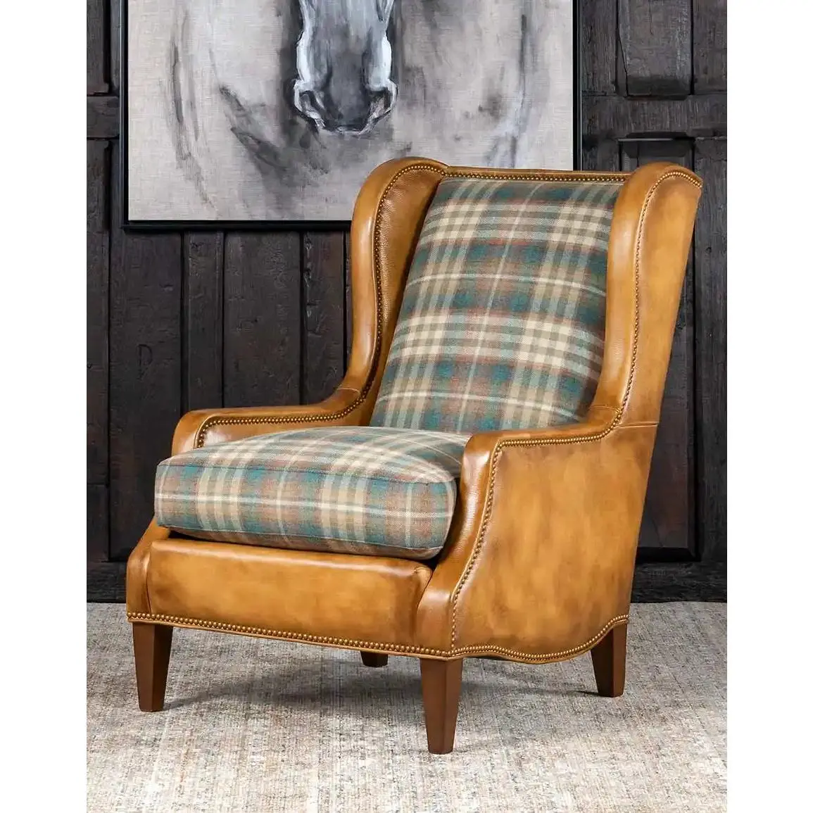 Spruce Plaid & Leather Arm Chair
