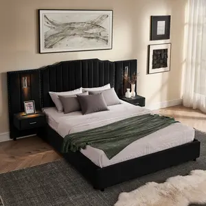 [Bellemave]Queen Size Upholstered Bed Frame with Velvet Fabric, Vertical Stripe Design with Buttons Around  Platform Bed with Headboard, Solid Frame & Bedside Table - No Box Spring Needed-Black