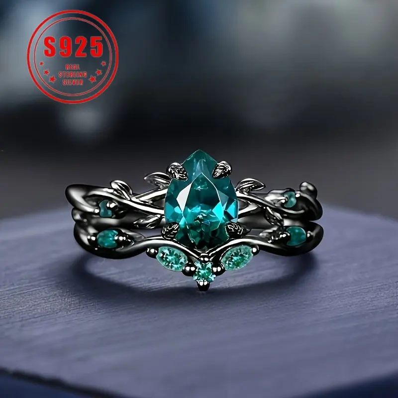 [925 Silvery Gothic Ring] Sterling 925 Silvery Elegant Gothic Black Ring | Synthetic Grape Pear Design, Birthday Stone, Christmas Theme, Daily and Party Occasions, Seasonal Jewelry Gift engagementrings promise rings engagement ring accessories