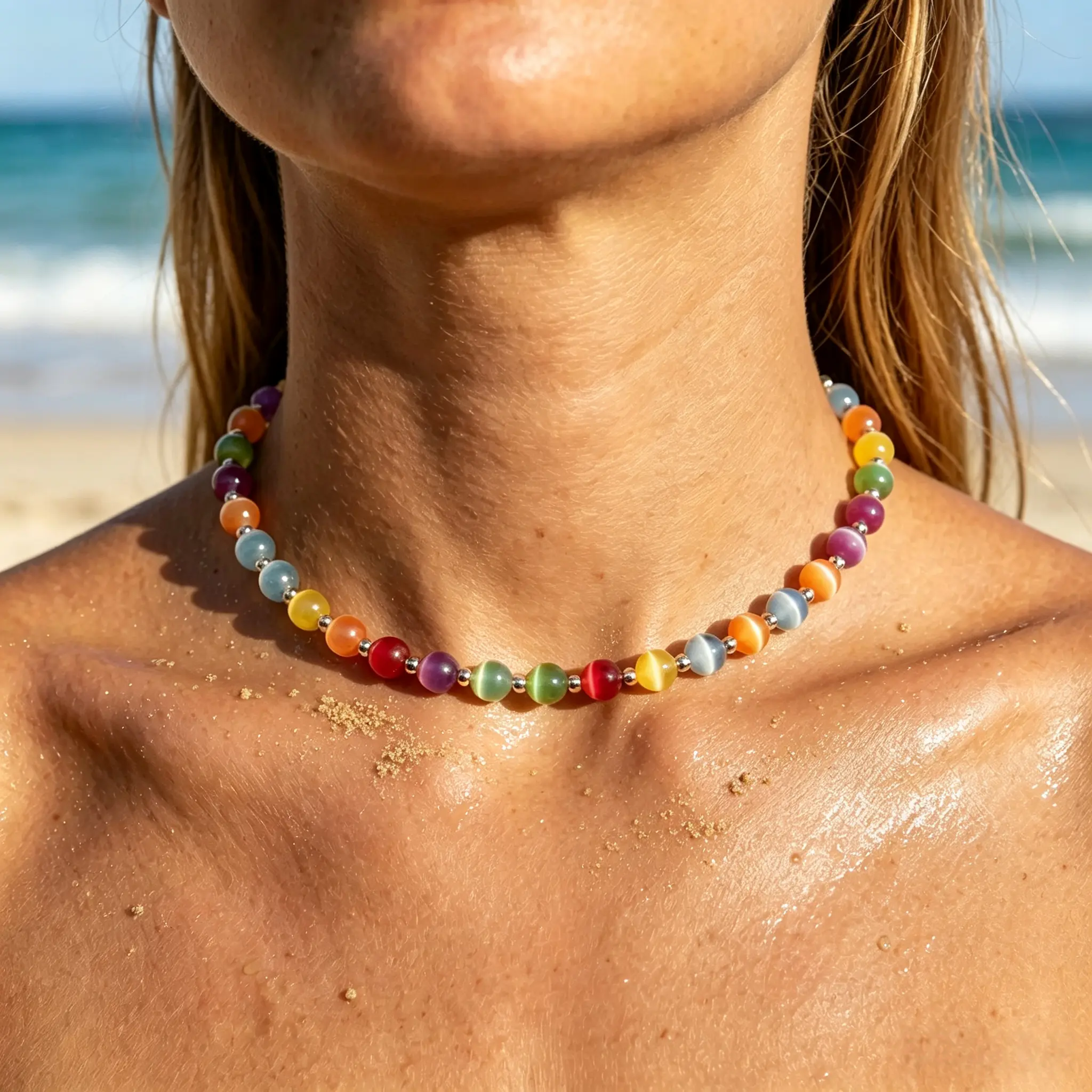 Boho Rainbow Beaded Dopamine Choker - Colorful Beaded Necklace, Dainty Stainless Steel Stackable, UV-Reactive Waterproof Summer Costume Jewelry, Dainty Choker Necklace, Daily Wear, Casual, Ethnic, Female