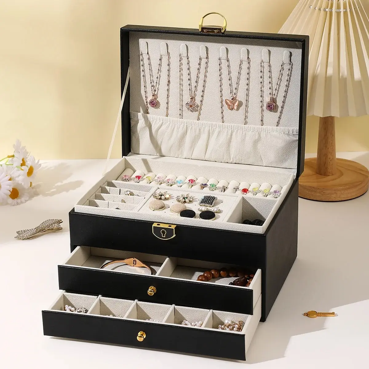 3-Layer Lockable PU Leather Jewelry Box with Key Lock, Compact Velvet Lined Organizer with Drawers, Organizes Earrings Rings Necklaces for Daily Use, Perfect Gift for Women | Birthday Christmas Vanity Storage, 3-Layer Design