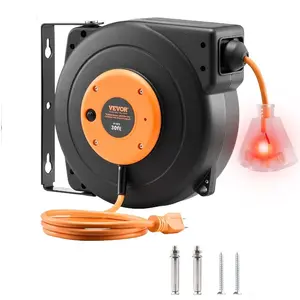 VEVOR Retractable Extension Cord Reel, 30 FT, Heavy Duty 16AWG/3C SJTOW Power Cord, with Lighted Triple Tap Outlet 10 Amp Circuit Breaker, for Ceiling or Wall Mount Garage and Shop, ETL ListedVEVOR Super Brand Day
