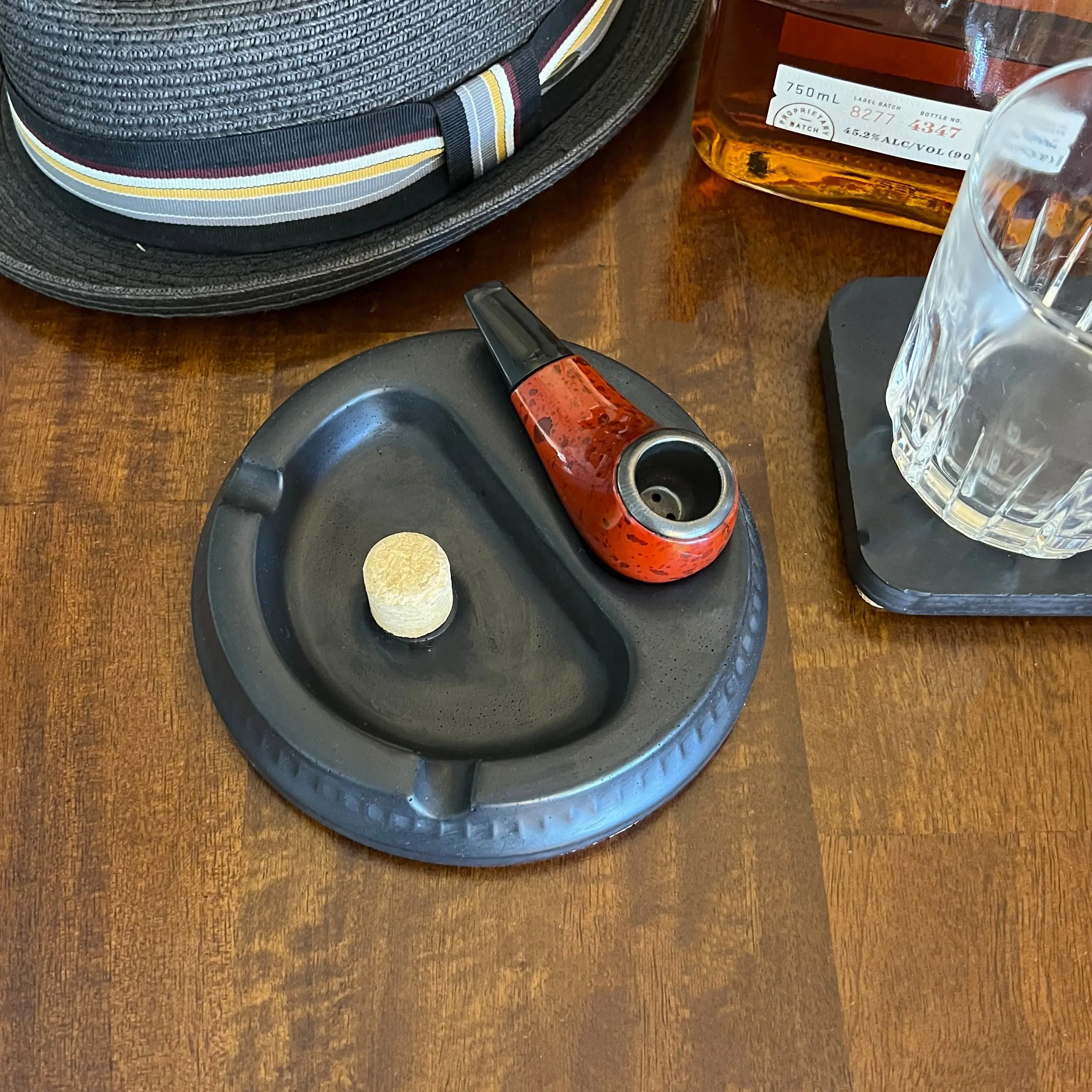 Solid Black Concrete Pipe Ashtray with Cork Knocker
