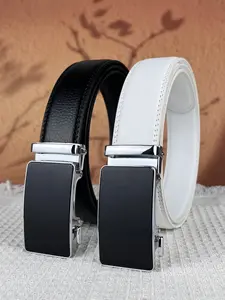 1Pcs silver edged black alloy automatic buckle, equipped with a 1.38/3.5cm wide ratchet card slot plain color belt, Solid color belt, business style, suitable for daily commuting, travel, leisure sports, holiday gifts and other scenarios