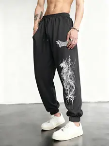 Men's Gothic Dark Style Casual Sports Joggers, Spring New Campus Wear, Fitted Plain Pattern, Comfortable Running Pants