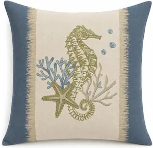 Huglina Coastal Seahorse Throw Pillow, 18x18 Inch Full Decorative Pillow with Insert Included, Beach House Accent Cushion, Nautical Seahorse Pillow for Living Room Bedroom Coastal Decor