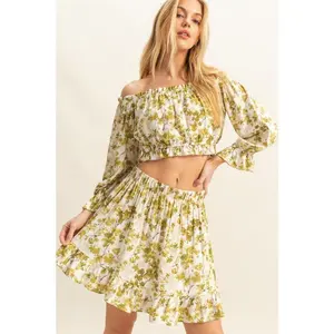 HYFVE Floral Off-Shoulder Flounce Sleeve Top and Skirt Set