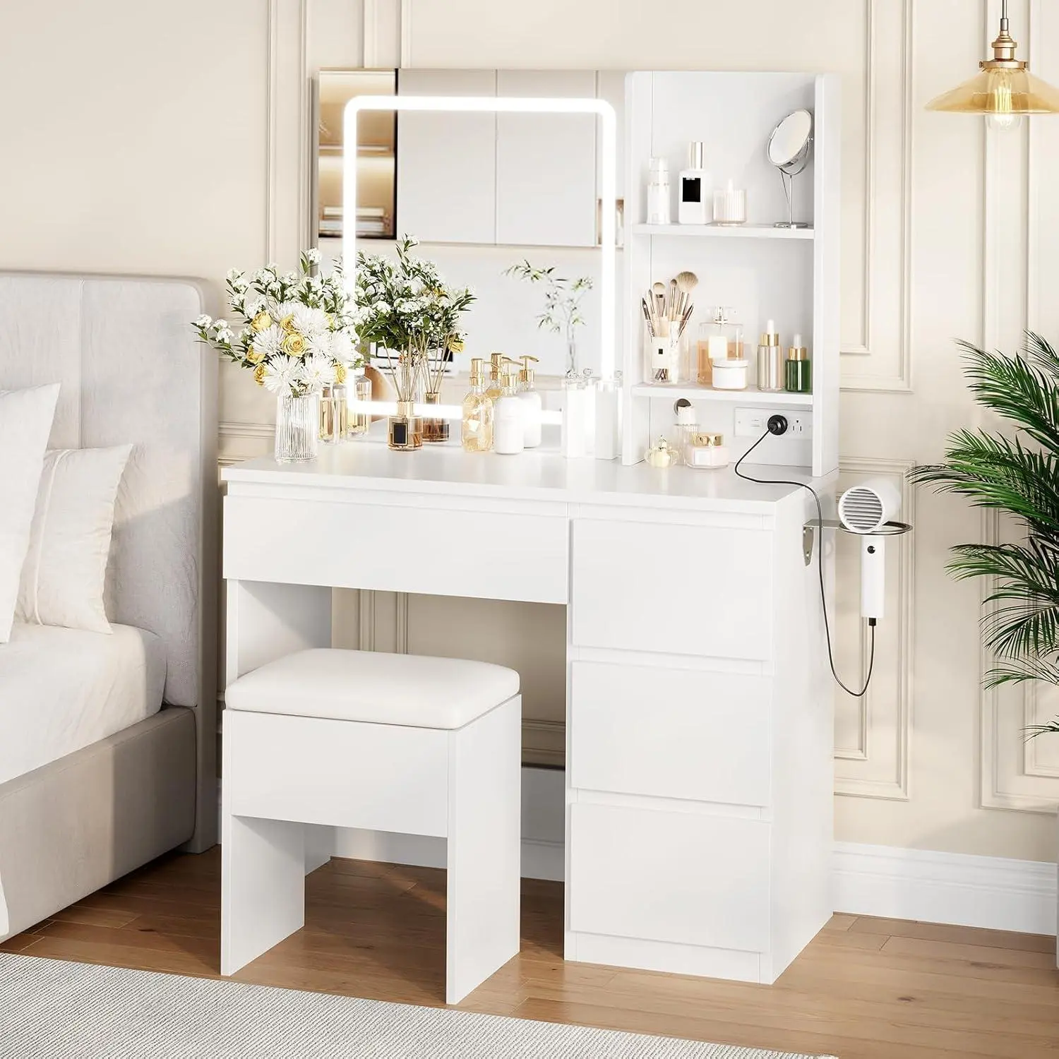 Gaomon Vanity Desk with 3-Color LED Mirror & Lights Modern Makeup Dressing Table with 4 Drawers, 2 AC Outlets, USB, Type-C Port, Cushioned Stool - White