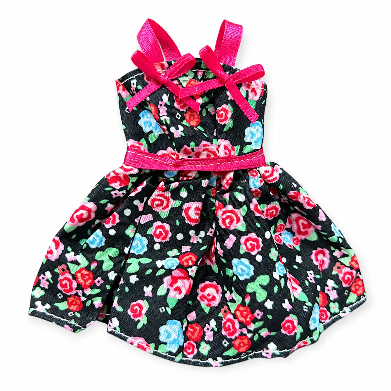 Doll Clothes - Floral Dress Outfit for Bendable Wire Dolls, Cute Fabric Doll Dress with Bow Detail, Mini Doll Accessories for Desk Decor, DIY Doll Styling, Gift for Doll Lovers