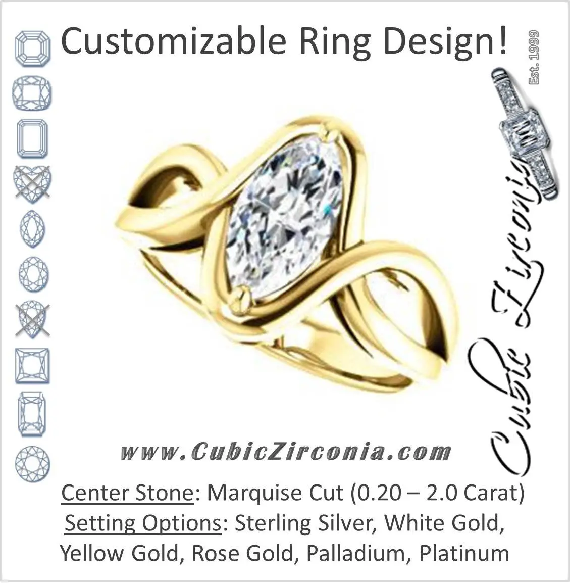 Cubic Zirconia Engagement Ring- The Maude (Customizable Cathedral-raised Marquise Cut Solitaire with Ribboned Split Band)
