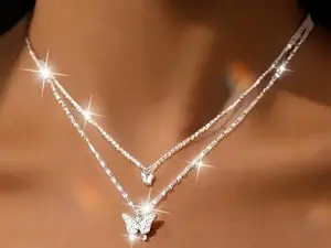 Pure .925 Small Butterfly Double-Layer Necklace for Women, Exquisite High-End Collarbone Chain, Light Luxury Pendant, Perfect Gift for Girlfriends' Birthdays, Collarbone Chain, Women' Jewelry, Valentine'S Day, Mother'S Day,