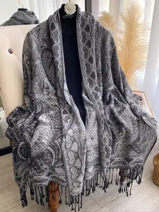 Bohemian Style Pashmina Scarf, Floral Pattern Shawl, Long Woven Fabric, All Season Wear, Elegant Design Accessory