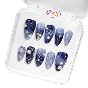 Short Almond Press On Nails - Navy Blue with Star Accent, Glossy Finish - Reusable False Nails, Siyou Ocean of Stars