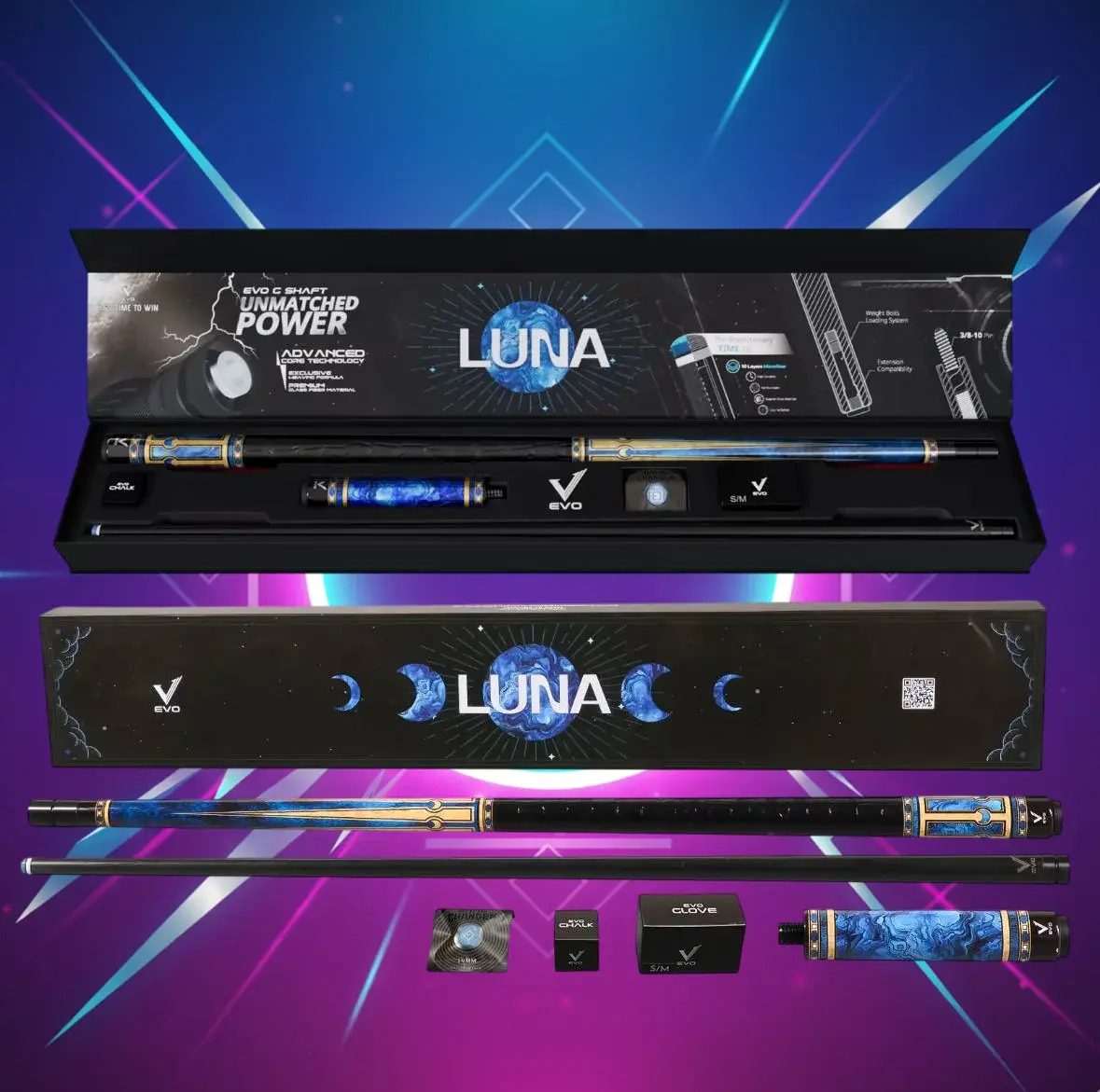 EVO LUNA Maxbing Edition - Sapphire Gate | Premium Glassfiber Cue Kit, 12.5mm TIME 3 Tip, Carbon-Glass Butt, 19-19.5oz, Hybrid Pro Taper