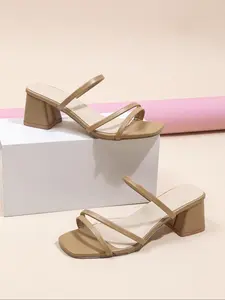 Women's Elegant Blue Chunky Heel Square Toe Mules, Summer PU Leather High Heels, Fashionable Heeled Sandals, Comfortable Slip-On Shoes for Commuting Dating Party