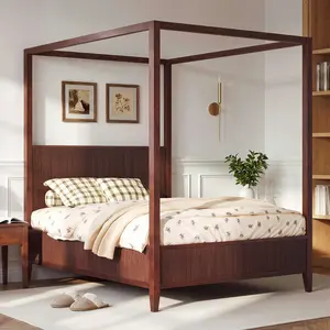 Queen Size Wooden Canopy Platform Bed with Support Slats, Solid Wood Bed Frame, No Box Spring Needed, Espresso