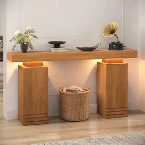 63 Inches Long Console Table with LED Lights, Sofa Table Behind Couch, Wooden Entry Table for Entryway, Hallway, Living Room, Mid-Century Modern Walnut Brown