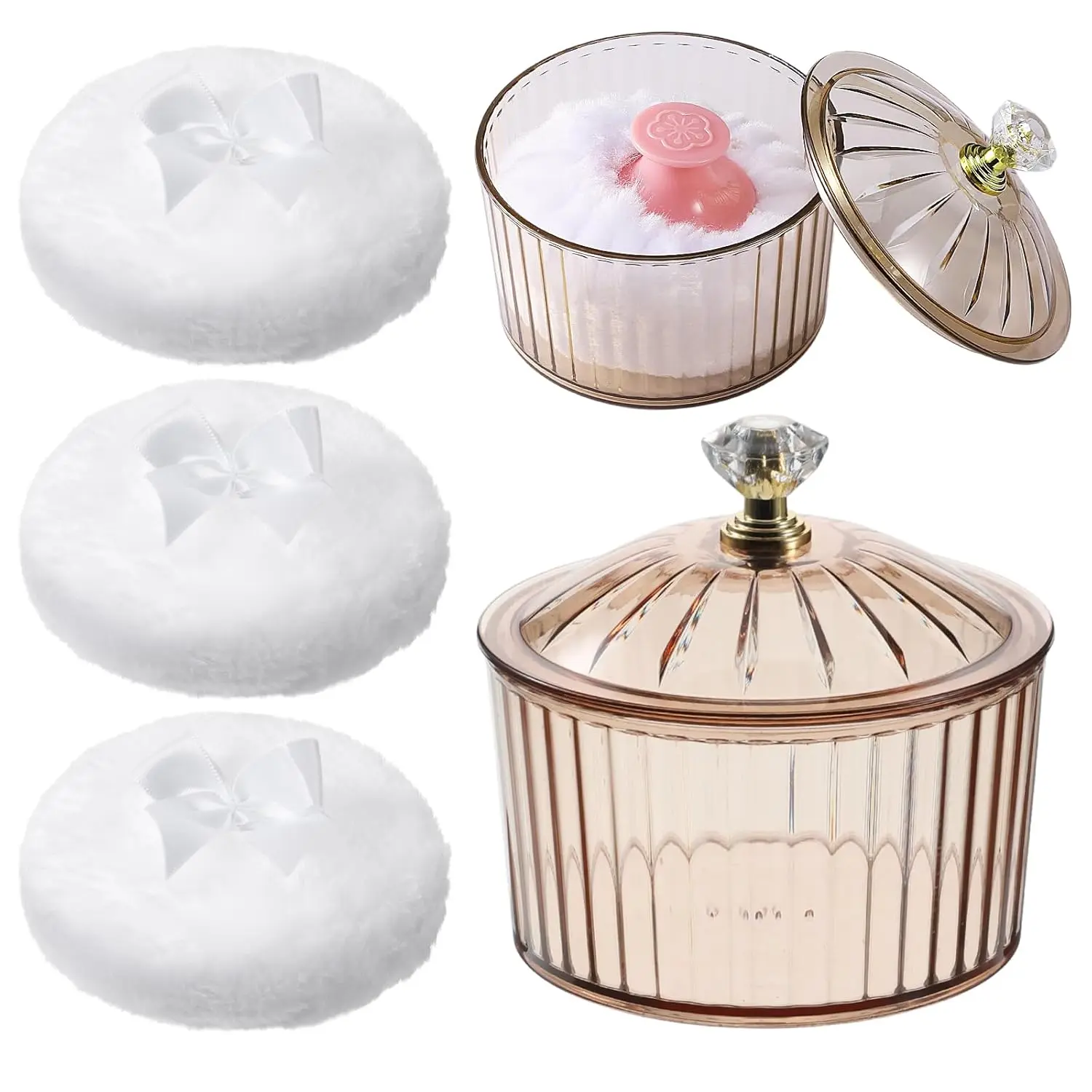 Summer Spring Gift  6 PCS/Set Dusting Powder Puff for Women with Container, 3.2" Reusable & Washable Soft Velve Body Powder Puff with Acrylic Case, Glitter Puffs for Face Body Wet and Dry Makeup
