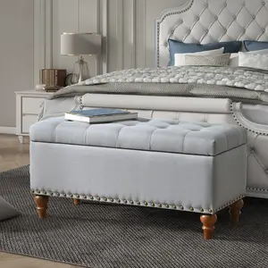 37" Storage Ottoman Bench,Button Tufted Bedroom Bench for End of Bed, Linen Upholstered Entryway Bench with Safety Hinges and Wooden Legs for Living Room, Grey