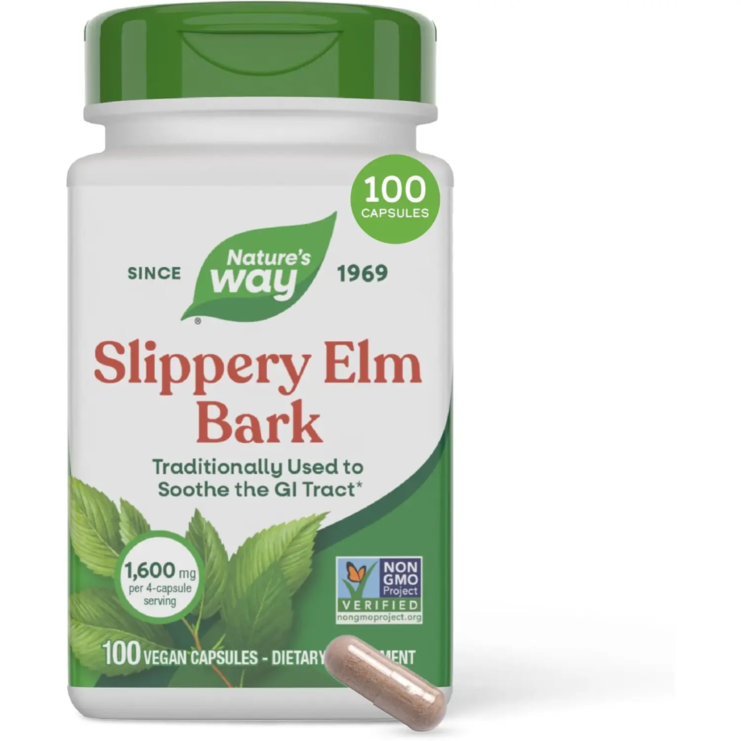 Slippery Elm Bark Capsules 1600mg Traditional Digestive Support for Gastrointestinal Comfort and Gut Health Vegan 100 Capsules