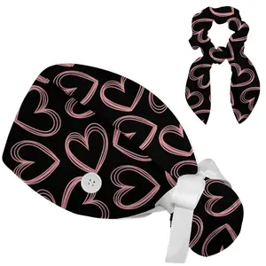 Women's Adjustable Long Hair Working Scrub Cap, Surgical Bonnet with Sweatband & Buttons, Soft Nurse Head Cap