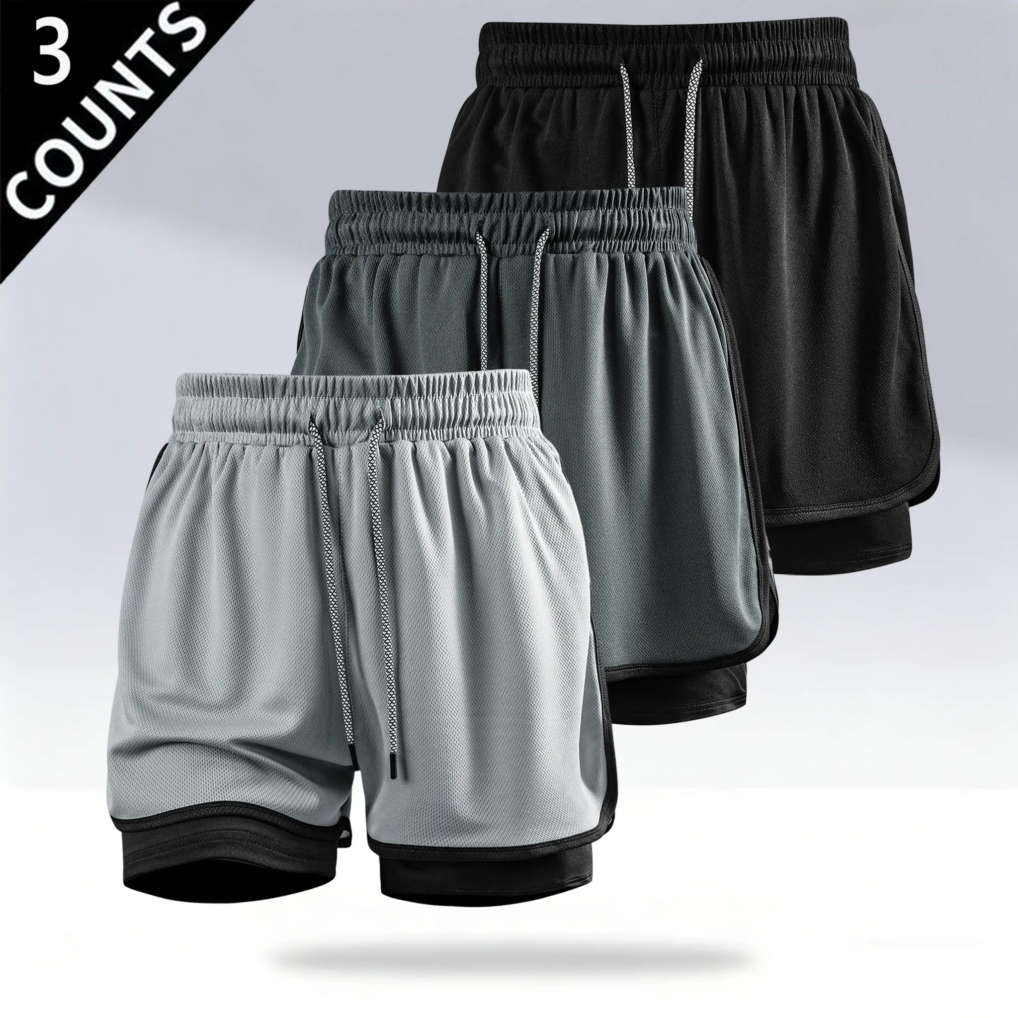 3-pack men’s faux two-piece athletic shorts! Double-layer anti-exposure design, mesh quick-dry breathable fabric—ideal for running, fitness, basketball training, and also suitable for everyday wear!, Drawstring