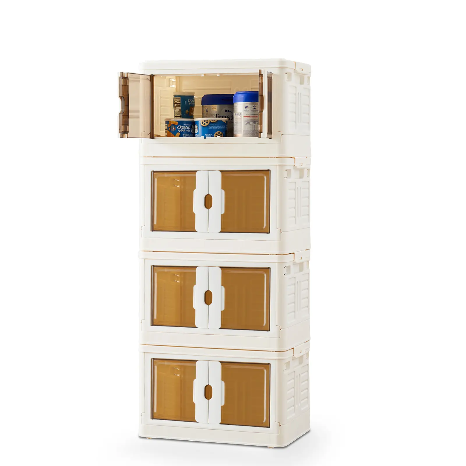 Stackable Organizer Bins | Foldable Locking Containers with wheels & Doors, Removable Lids | Multi-Purpose Space Saver| Heavy-Duty Plastic Design