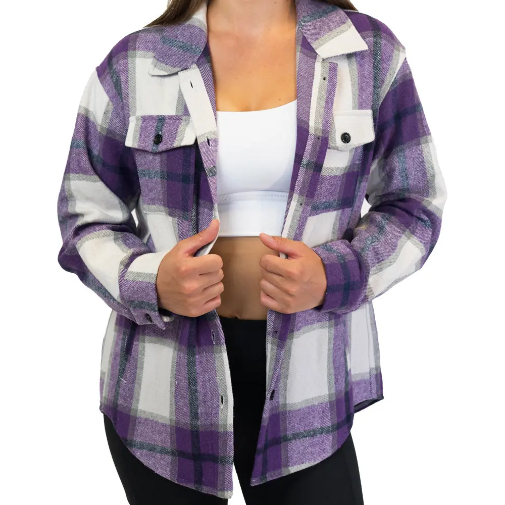 Purple Shacket - Super Soft, Lightweight, Casual Fit Outerwear with Pockets, Front Button Closure - Fall/Winter Style Shirt Top for Womenswear Wardrobe Jacket Plaid