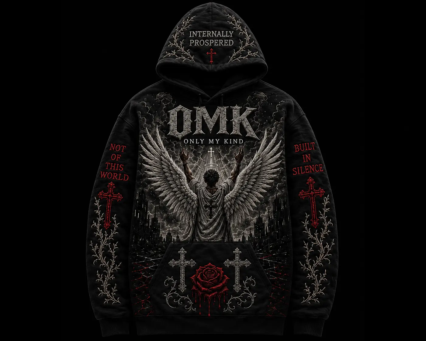 Men's Divine Warfare Embroidery Angel-Design Heavyweight Cotton-Fleece Pullover Hoodie, Soft Elegant Long-Sleeves Casual Top