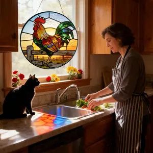 Stained Glass Sun Catcher for Windows Hanging – 8IN Rooster Suncatcher, Handmade Stained Glass Sun Catchers Window Glass Decoration, Farmhouse Rooster Decor for Kitchen Home Garden Indoor Outdoor Gift