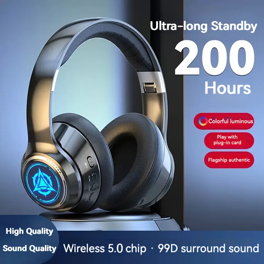 Wireless Gaming Headset • Full Ear Coverage And Low Latency • Cool LED Lighting • 400mAh Battery for 40 Hours Of Battery Life • Wireless 5.3 • Super Bass • HD Calls