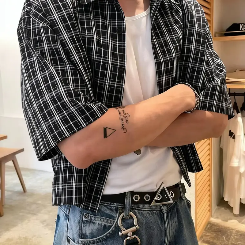 Men's Casual Short Sleeve Plaid Shirt, Classic Checkered Print, Checked, Asymmetrical Design, Long Sleeveless, H-Type Silhouette, Streetwear Shirts